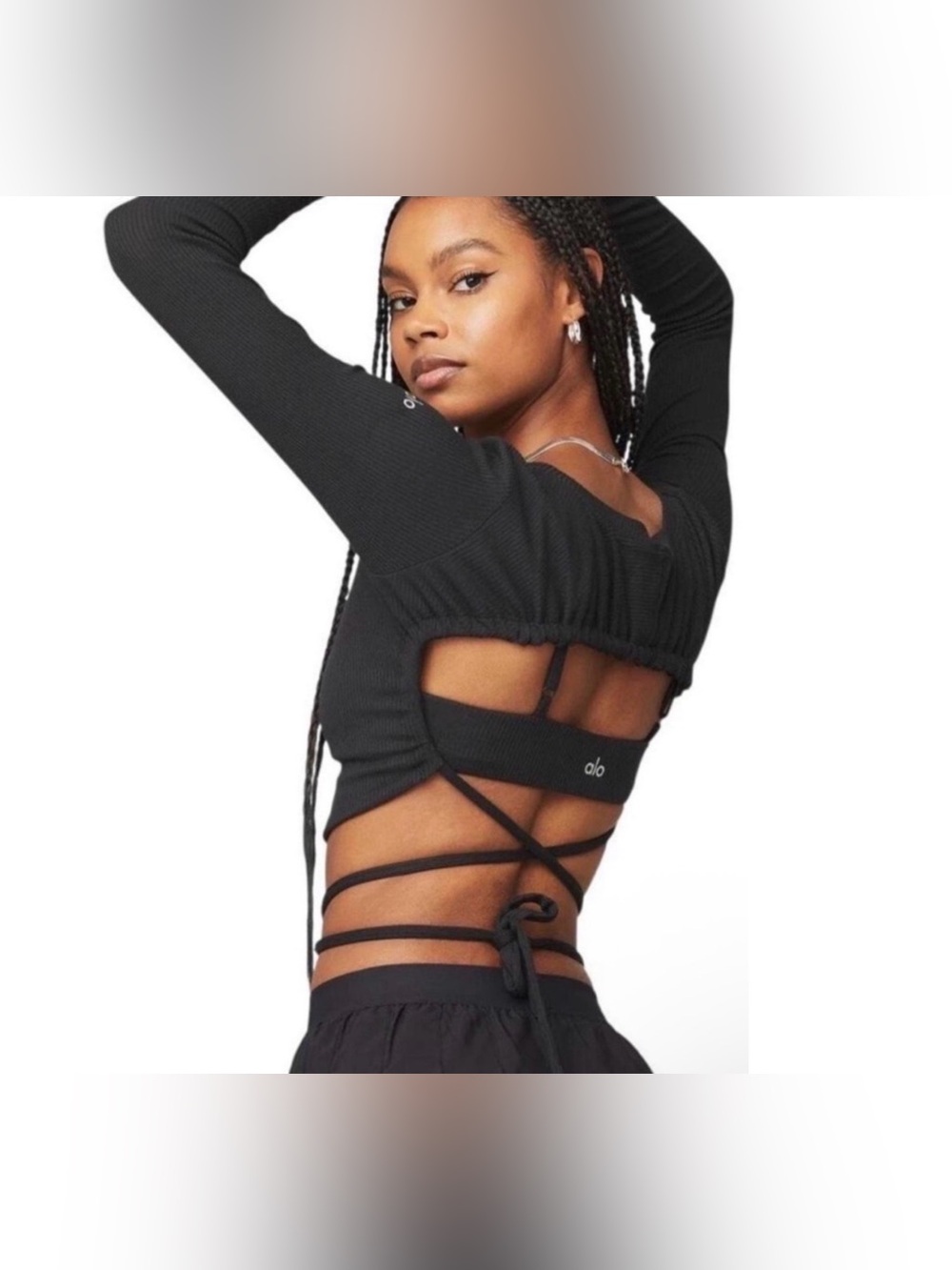 ALO Yoga Ribbed Manifest Open Back Cross Top Strappy Long Sleeve Workout Black